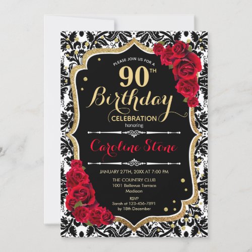 90th Birthday _ Red Roses Gold Black Damask Invitation