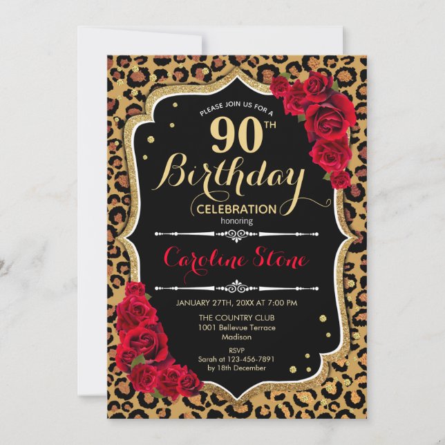 90th Birthday - Red Roses Leopard Print Invitation (Front)