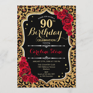 90th Birthday - Red Roses Leopard Print Invitation