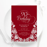 90th Birthday Red Silver Roses Invitation<br><div class="desc">Red silver elegant 90th birthday party invitation. Classy design featuring roses,  faux silver foil and typography script font. Trendy invite card perfect for a stylish female bday celebration. Personalize with your own details. Can be customized to any age. Printed Zazzle invitations or instant download digital printable template.</div>