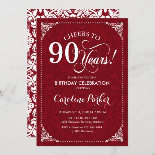 90th Birthday _ Red White Damask Invitation