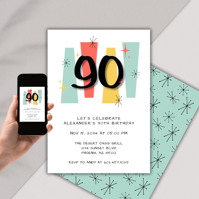 90th Birthday Retro Midcentury Modern Colorful Invitation (Creator Uploaded)