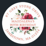 90th Birthday Rose Floral Return Address Label<br><div class="desc">Add a special touch to your birthday invitation envelopes with this elegant round design. It features a watercolor red and pink rose floral in the center. Dark green leaves give it a rustic botanical vibe. The name and birthday is written across the center on a white strip, and the address...</div>