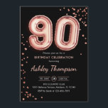 90th Birthday - Rose Gold Balloons Black Invitation<br><div class="desc">90th birthday party invitation. Elegant design in faux glitter rose gold and black. Invite card features rose gold number 90 balloons and script font. Perfect for a stylish bday celebration. Message me if you need custom age.</div>