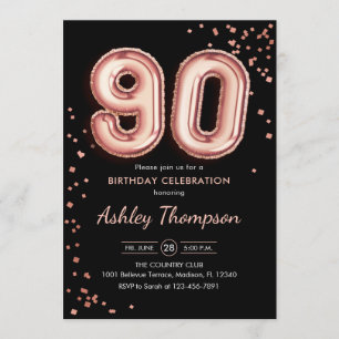 90th Birthday - Rose Gold Balloons Black Invitation
