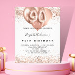 90th birthday rose gold balloons budget invitation flyer<br><div class="desc">Please note that this invitation is on flyer paper and very thin. Envelopes are not included. For thicker invitations (same design) please visit our store. For an elegant 90th birthday. A stylish white background. Decorated with rose gold, pink faux glitter, sparkles and balloons. Personalize and add a name, and party...</div>