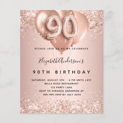 90th birthday rose gold balloons budget invitation flyer