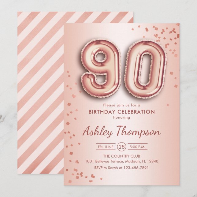 90th Birthday - Rose Gold Balloons Invitation (Front/Back)