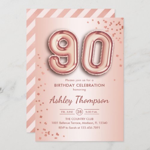90th Birthday _ Rose Gold Balloons Invitation