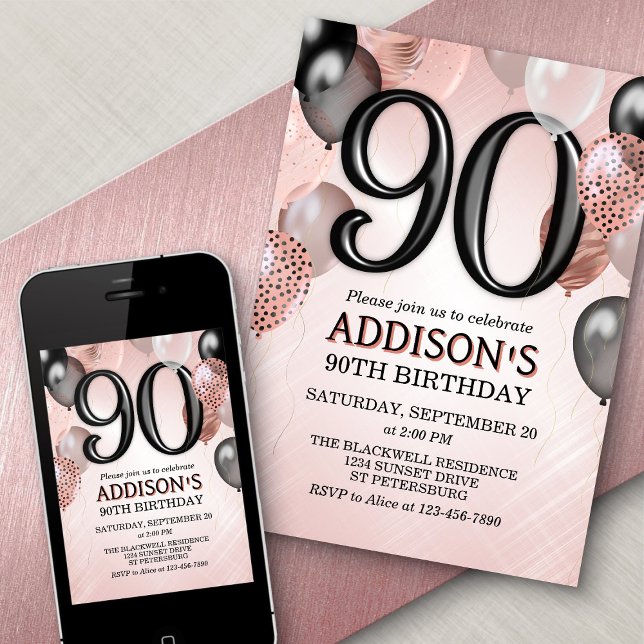 90th Birthday Rose Gold Balloons Invitation (Creator Uploaded)