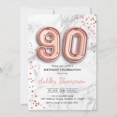 90th Birthday _ Rose Gold Balloons Marble Effect Invitation