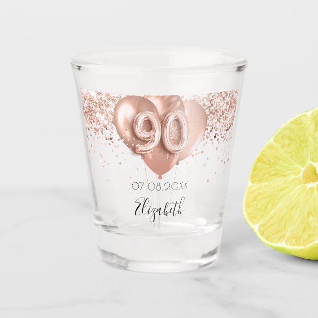 90th birthday rose gold balloons name shot glass (Front)