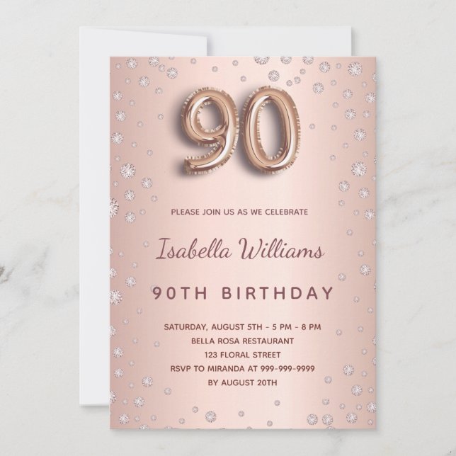 90th birthday rose gold blush diamonds invitation (Front)