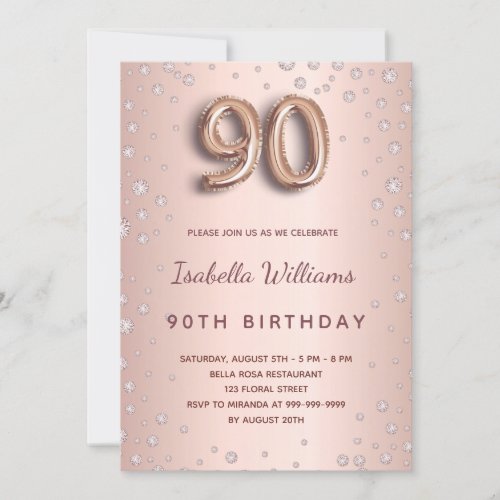 90th birthday rose gold blush diamonds invitation