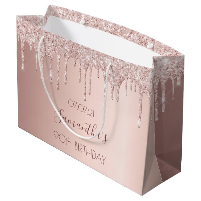 90th birthday rose gold blush glitter drips large gift bag (Back Angled)