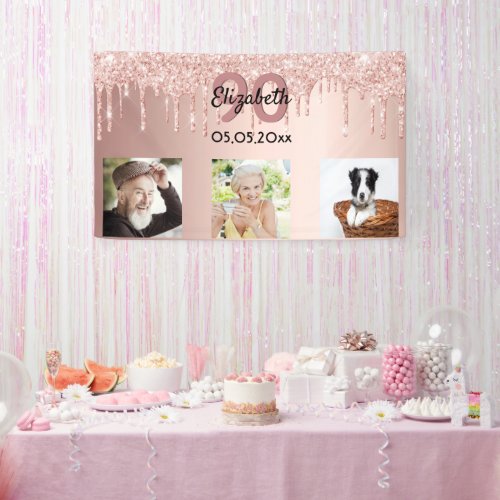 90th birthday rose gold blush glitter drips photo banner