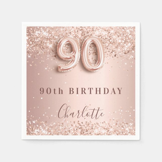 90th birthday rose gold blush glitter name napkins (Front)