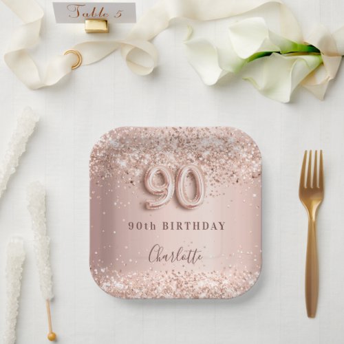 90th birthday rose gold blush glitter name paper plates