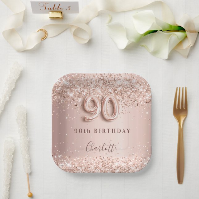 90th birthday rose gold blush glitter name paper plates (Wedding)