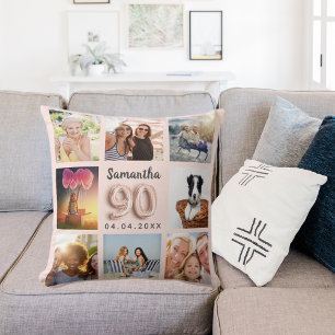 90th birthday rose gold blush pink photo collage throw pillow