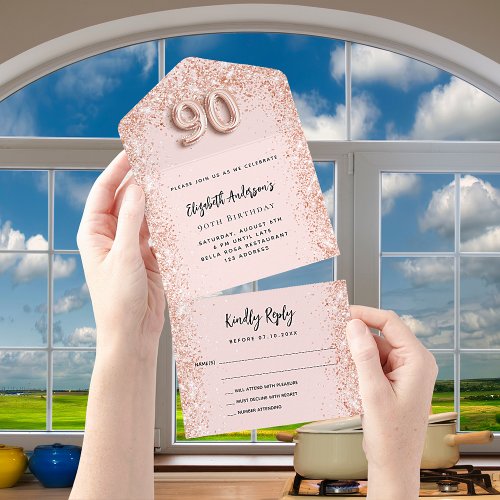 90th birthday rose gold blush sparkle party RSVP All In One Invitation