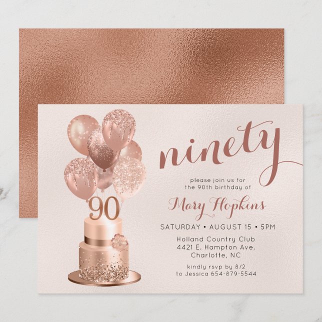 90th Birthday Rose Gold Cake Invitation (Front/Back)
