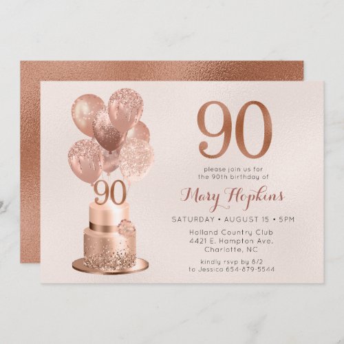 90th Birthday Rose Gold Cake Invitation