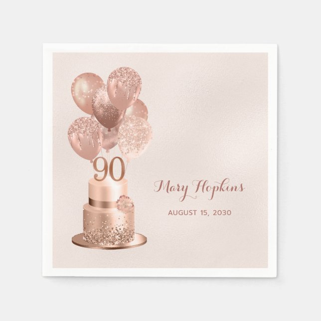 90th Birthday Rose Gold Cake Napkins (Front)