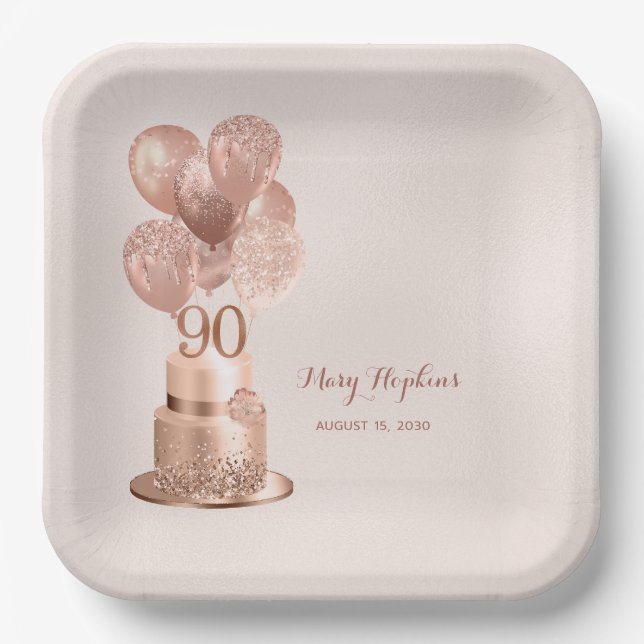 90th Birthday Rose Gold Cake Paper Plate (Front)