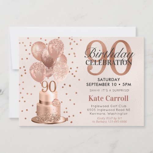 90th Birthday Rose Gold Cake Surprise Party Invitation