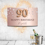 90th birthday rose gold diamonds balloon script banner<br><div class="desc">Elegant, classic, glamorous and girly for a 90th birthday party. Rose gold and blush pink, gradient background. Decorated with rose gold faux diamonds. Personalize and add a name. With the text: Happy Birthday. The name is written with a modern dark rose colored hand lettered style script. Number 90 is written...</div>