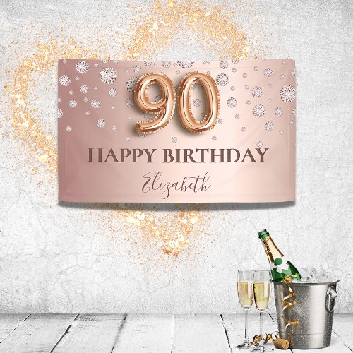 90th birthday rose gold diamonds balloon script banner