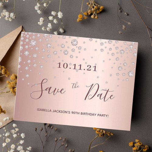 90th birthday rose gold diamonds save the date postcard