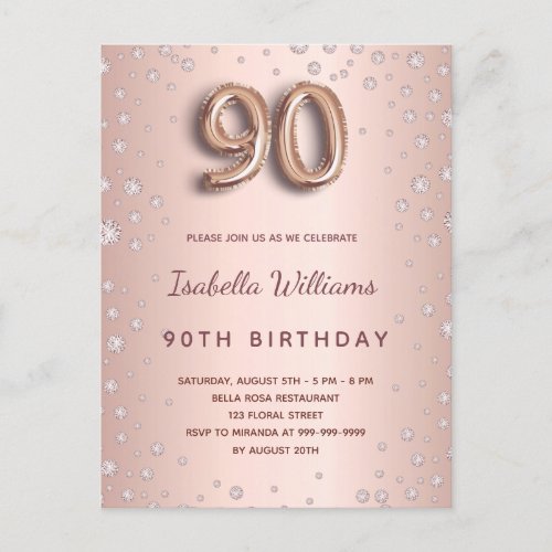90th birthday rose gold diamons balloon script postcard
