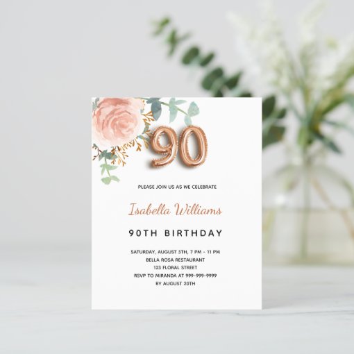 90th birthday rose gold floral budget invitation | Zazzle