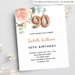 90th birthday rose gold floral budget invitation<br><div class="desc">An elegant invitation for a 90th birthday party. A chic white background. Decorated with a rose gold and blush pink watercolored rose flower, floral, green eucalyptus leaves, sprigs, greenery and faux gold sprigs. Personalize and the name and party details. Black and golden letters. The name is written with a modern...</div>