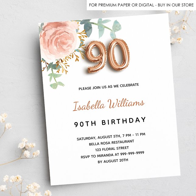 90th birthday rose gold floral budget invitation flyer (Creator Uploaded)