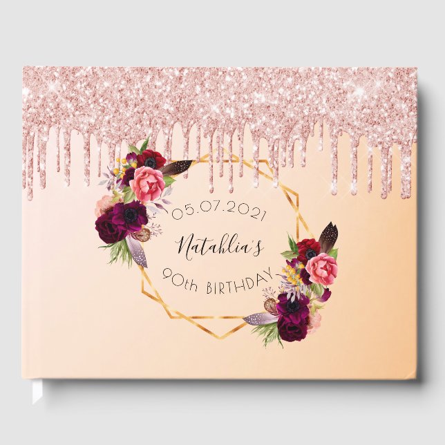 90th birthday rose gold geometric glitter drip guest book (Front)