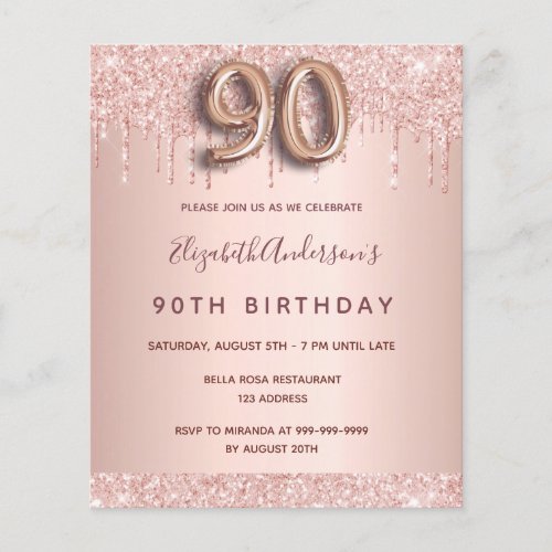 90th birthday rose gold glitter budget invitation flyer