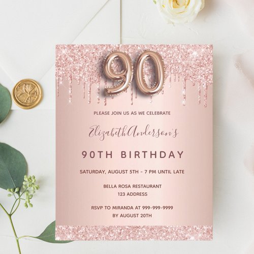 90th birthday rose gold glitter budget invitation flyer