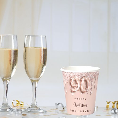 90th birthday rose gold glitter drips monogram paper cups