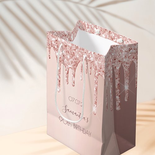 90th birthday rose gold glitter drips name medium gift bag