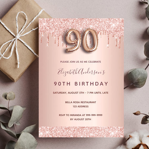 90th birthday rose gold glitter drips pink glam