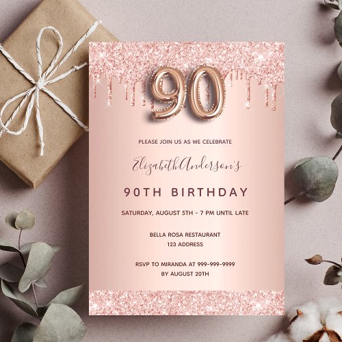 90th birthday rose gold glitter drips pink glam invitation