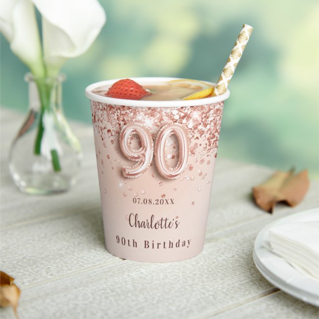90th birthday rose gold glitter monogram name paper cups (Insitu)