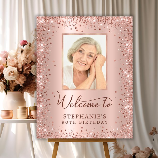 90th Birthday Rose Gold Glitter Photo Welcome  Foam Board (Creator Uploaded)