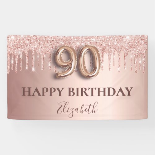 90th birthday rose gold glitter pink balloon style banner