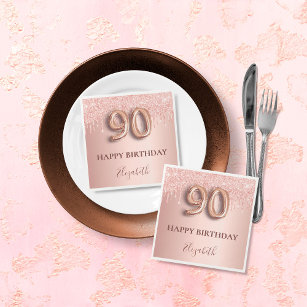 90th birthday rose gold glitter pink balloon style napkins