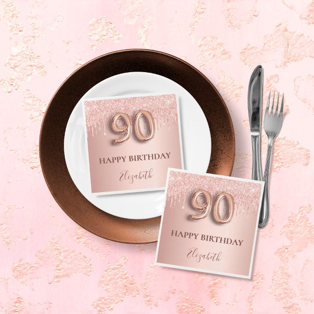 90th birthday rose gold glitter pink balloon style napkins (Creator Uploaded)
