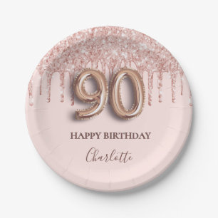 90th birthday rose gold glitter pink balloon style paper plates